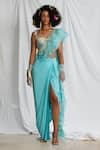 Buy_Pooja Bagaria_Blue Blouse Suede Embroidery Sequin Florence With Draped Skirt  _at_Aza_Fashions