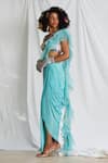 Buy_Pooja Bagaria_Blue Blouse Suede Embroidery Sequin Florence With Draped Skirt  _Online_at_Aza_Fashions