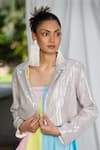 Buy_Pooja Bagaria_Silver Shimmer Embroidery Lapel Stripe Crop Blazer  _Online_at_Aza_Fashions