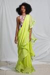 Buy_Pooja Bagaria_Yellow Natural Crepe Embroidery Pre-draped Ruffled Saree With Blouse  _at_Aza_Fashions