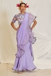 Buy_Pooja Bagaria_Purple Natural Crepe Print Pre-draped Ruffled Saree With Blouse _at_Aza_Fashions