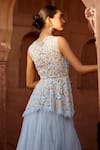 Shop_Awigna_Blue Pure Organza Embroidered Thread Magnolia Bead Peplum Blouse Lehenga Set _at_Aza_Fashions