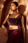 Shop_Awigna_Wine Pure Organza Embroidered Thread Laleh Bead Blouse Lehenga Set _at_Aza_Fashions