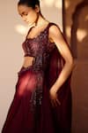 Buy_Awigna_Wine Pure Organza Embroidered Thread Laleh Bead Blouse Lehenga Set _Online_at_Aza_Fashions