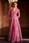 Buy_Awigna_Pink Pure Organza Embroidered Fiori Floral Bead Jacket Lehenga Set _at_Aza_Fashions