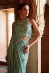Shop_Awigna_Green Chiffon Embroidered Floral Azhar Pre-draped Skirt Saree Set _at_Aza_Fashions