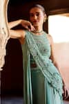 Awigna_Green Chiffon Embroidered Floral Azhar Pre-draped Skirt Saree Set _Online_at_Aza_Fashions