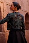 Shop_Awigna_Black Pure Organza Embroidered Floral Motifs Negra Gown With Jacket  _at_Aza_Fashions