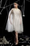 Buy_Eclat by Prerika Jalan_Ivory Organza Embroidery Pearl Round Noose Fringe Embellished Cape With Dress _at_Aza_Fashions