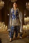 Buy_LASHKARAA_Blue Crepe Embroidered Zari Notched Botanic Kurta Pant Set_at_Aza_Fashions