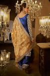 LASHKARAA_Blue Satin Embroidered Zari V-neck Blossom Thread Kurta Pant Set_Online_at_Aza_Fashions