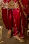 Buy_LASHKARAA_Wine Organza Embroidered Zari Round Thread Peplum Kurta Tulip Pant Set_Online_at_Aza_Fashions