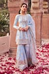 Buy_LASHKARAA_Blue Organza Embroidered Sequin Round Zari Flower Kurta Gharara Set _at_Aza_Fashions