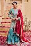 Buy_LASHKARAA_Blue Satin Embroidered Sequin V-neck Flower Kurta Gharara Set_at_Aza_Fashions