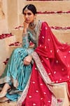 Shop_LASHKARAA_Blue Satin Embroidered Sequin V-neck Flower Kurta Gharara Set_Online_at_Aza_Fashions