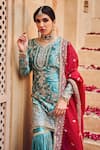 Shop_LASHKARAA_Blue Satin Embroidered Sequin V-neck Flower Kurta Gharara Set_at_Aza_Fashions