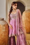 Shop_LASHKARAA_Pink Tabby Silk Embroidered Zari Round Peplum Kurta Gharara Set_Online_at_Aza_Fashions