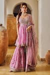 Shop_LASHKARAA_Pink Tabby Silk Embroidered Zari Round Peplum Kurta Gharara Set_at_Aza_Fashions