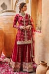 Shop_LASHKARAA_Maroon Silk Embroidered Sequin V-neck Zari Butti Kurta Gharara Set_at_Aza_Fashions