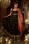 Shop_LASHKARAA_Black Silk Print Bandhani Scoop Neck Zari Embroidered Anarkali Set _at_Aza_Fashions