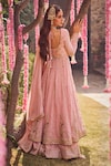 LASHKARAA_Pink Georgette Embroidery Zari Leaf Neck Floral Vine Anarkali Sharara Set_Online_at_Aza_Fashions