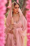 Shop_LASHKARAA_Pink Georgette Embroidery Zari Leaf Neck Floral Vine Anarkali Sharara Set_at_Aza_Fashions