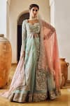 Buy_LASHKARAA_Green Organza Embroidery Zari Sweetheart Neck Floral Anarkali Lehenga Set _at_Aza_Fashions