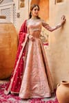 Buy_LASHKARAA_Pink Silk Embroidery Zari Round Neck Bridal Floral Bouquet Lehenga Set_Online_at_Aza_Fashions