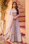 Buy_LASHKARAA_Purple Net Embroidery Zari Leaf Neck Periwinkle Lehenga Set _at_Aza_Fashions