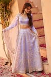 Buy_LASHKARAA_Purple Net Embroidery Zari Leaf Neck Periwinkle Lehenga Set _Online_at_Aza_Fashions