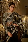 Shop_LASHKARAA_Black Net Embroidery Zari Round Neck Floral Vine Pre-draped Saree With Blouse_at_Aza_Fashions
