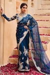 Buy_LASHKARAA_Blue Organza Embroidery Zari V Neck Sequin Pre-draped Saree With Blouse_at_Aza_Fashions