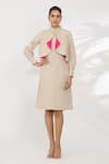 Buy_Manika Nanda_Beige Plain Band Collar Ruffle Straight Cut Dress  _at_Aza_Fashions