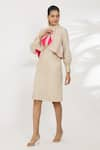 Manika Nanda_Beige Plain Band Collar Ruffle Straight Cut Dress _at_Aza_Fashions