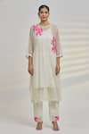 Rajat & Shraddha_White Embroidered Floral Appliques Kurta Round Work Striped And Pant Set _Online_at_Aza_Fashions