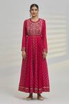 Shyam Narayan Prasad_Pink Chanderi Embroidery, Sequins Round Neck Floral Pattern Anarkali Set _at_Aza_Fashions