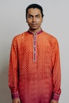 Krishna Mehta_Orange Tussar Printed Geometric Textured Short Kurta And Pant Set _at_Aza_Fashions