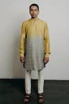 Buy_Krishna Mehta_Yellow Tussar Printed Bandhani Shaded Short Kurta And Pant Set _at_Aza_Fashions