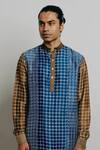 Shop_Krishna Mehta_Blue Tussar Printed Block Straight Short Kurta And Pant Set _Online_at_Aza_Fashions