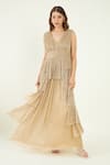 Bohobi_Gold Pleated Crepe Plain V Neck Glow Up Metallic Tiered Dress _Online_at_Aza_Fashions