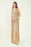 Buy_Bohobi_Gold Pleated Crepe Plain V Neck Glow Up Metallic Tiered Dress _Online_at_Aza_Fashions