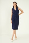 Buy_Bohobi_Blue Fine Banana Crepe Plain V Neck Solid Draped Dress _at_Aza_Fashions