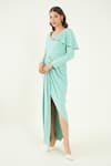 Bohobi_Blue Fine American Crepe Plain V Neck Slit Up Summer Dress _Online_at_Aza_Fashions