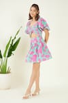 Bohobi_Pink Cotton V-neck Floral Print Cut-out Dress _Online_at_Aza_Fashions