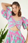 Buy_Bohobi_Pink Cotton V-neck Floral Print Cut-out Dress _Online_at_Aza_Fashions