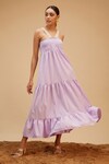 Buy_Bohobi_Purple Cotton Threadwork Checkered Sea Breeze Pattern Tiered Dress _at_Aza_Fashions