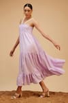 Bohobi_Purple Cotton Threadwork Checkered Sea Breeze Pattern Tiered Dress _Online_at_Aza_Fashions