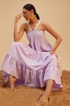 Shop_Bohobi_Purple Cotton Threadwork Checkered Sea Breeze Pattern Tiered Dress _Online_at_Aza_Fashions