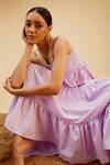 Bohobi_Purple Cotton Threadwork Checkered Sea Breeze Pattern Tiered Dress _at_Aza_Fashions