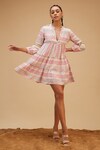 Buy_Bohobi_Multi Color Cotton Linen Print Stripe Mandarin Collar Boho Vibe Dress _at_Aza_Fashions